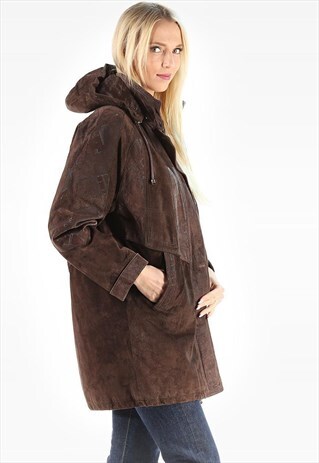 SUEDE PARKA JACKET HOODED HOOD DRAWSTRING COAT