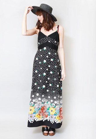 VINTAGE 1970'S BLACK COTTON FLORAL PRINT FOLK MAXI DRESS