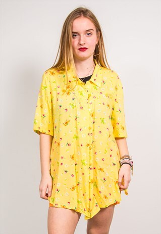 VINTAGE 90'S YELLOW FLORAL PATTERN SHORT SLEEVE SHIRT