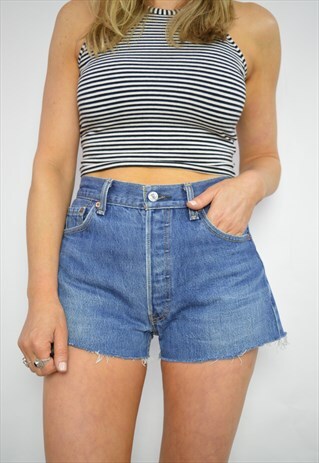 90S LEVI'S MEDIUM BLUE WASH HIGH WAIST FRAYED JEAN SHORTS