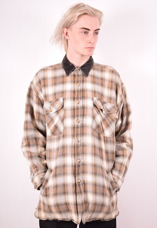 MENS VINTAGE FLANNEL SHIRT LARGE BROWN CHECK 90S