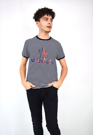 VINTAGE 90'S MONCLER NAVY AND WHITE STRIPED T-SHIRT
