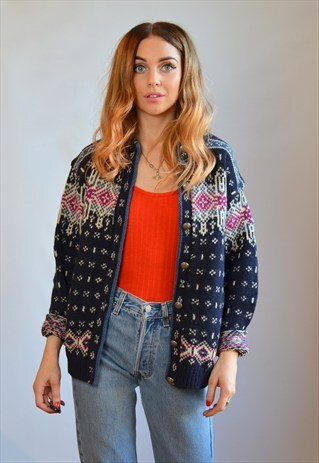 VINTAGE NAVY NORDIC KNITTED PATTERN CARDIGAN