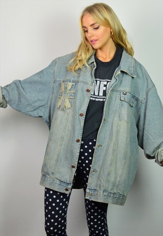 VINTAGE 90S OVERSIZED LONG LIGHT BLUE DENIM JACKET