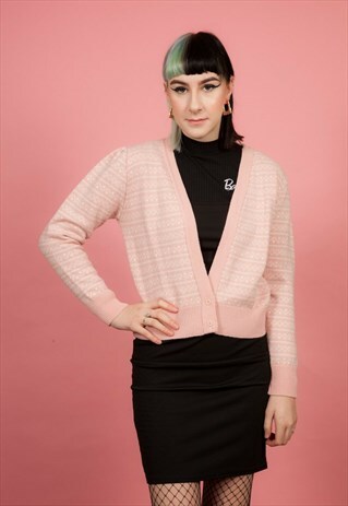 VINTAGE PINK AND WHITE DIAMOND SPOTTED PATTERN CARDIGAN