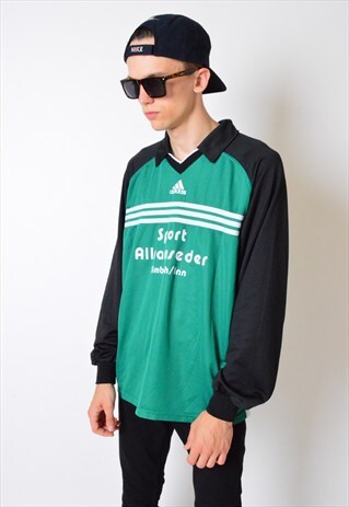 VINTAGE 90S GREEN COLOUR BLOCK ADIDAS LONG SLEEVE SPORTS TOP