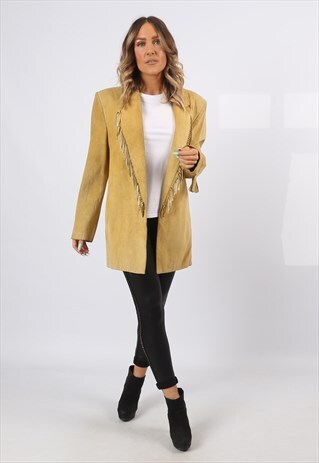 FRINGE SUEDE TASSEL FITTED JACKET VINTAGE BLAZER UK 12 (LHCH