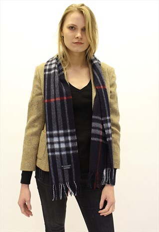 VINTAGE CASHMERE CHECKED SCARF NAVY-AS74
