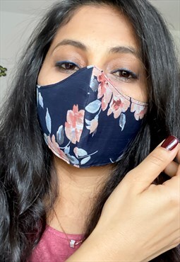Face Covering Three Layers Reusable Flower Printed Navy
