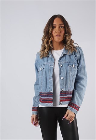 DENIM JACKET EMBROIDERED OVERSIZED FITTED UK 14 (9W3B)