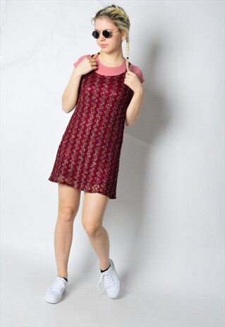 VINTAGE 90S BURGUNDY RED SILVER THREAD TEXTURED SLIP DRESS