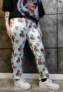 Angel print joggers pastel wash pants Jesus overalls in blue