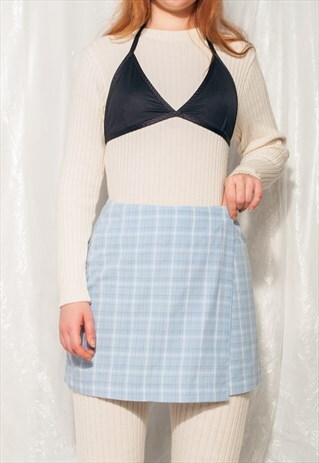 VINTAGE SKIRT Y2K PREPPY PLAID MINI IN PASTEL BLUE