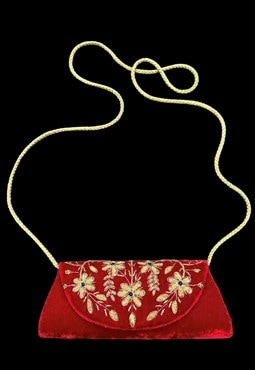 Vintage 80's Red Velvet Gold Embroidery Box Cross Body Bag