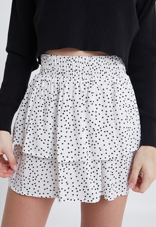 STRETCHY WAIST RUFFLED SKIRT - WHITE AND BLACK POLKA DOTS