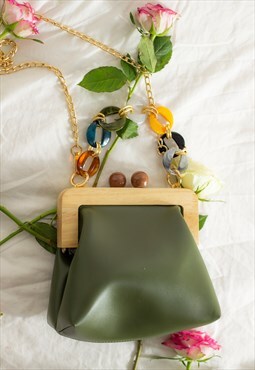 Khaki Wood Detail Clam Clasp Bag