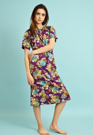 70'S RETRO FLORAL PRINT BOHO STYLE MIDI ELEGANT DRESS