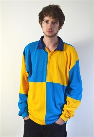 1997 VINTAGE DISNEYLAND PARIS BLUE & YELLOW RUGBY TOP