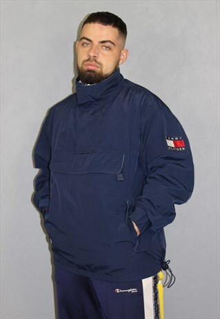 VINTAGE TOMMY HILFIGER WINDBREAKER 1/2 ZIP JACKET BLUE SZ S