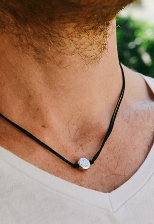 KARMA NECKLACE FOR MEN,SILVER BEAD, BLACK CORD, FOR HIM