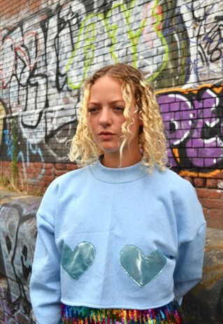 BABY BLUE CROP JUMPER BLUE METALLIC HEARTS
