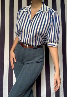 Vintage 80s striped blouse with short puff sleeves, uk18/20