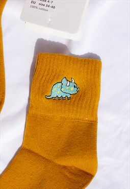 Yellow Dinosaur Embroidered Socks