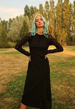 70s Vintage nos black dress with lace sleeves