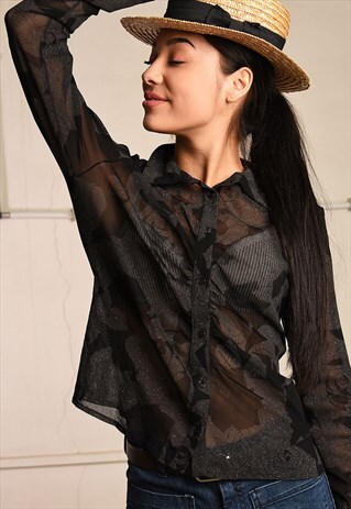 90'S RETRO MESH ROSE PATTERN SHIMMER PARIS CHIC SHIRT TOP