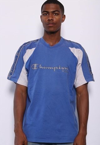 VINTAGE CHAMPION TAPE LOGO SPELLOUT T-SHIRT BLUE
