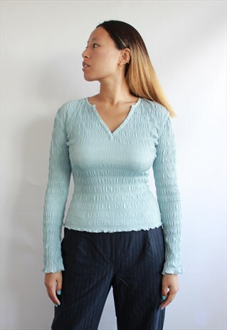 VINTAGE BABY BLUE GATHERED LONG TOP