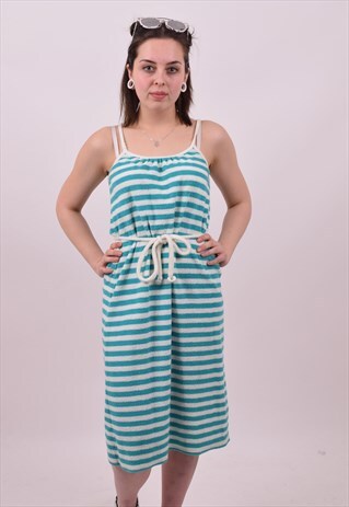 VINTAGE 70'S GREEN WHITE STRIPE SUMMER FESTIVAL DRESS 6 TO 8