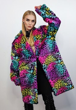 Tie-dye faux fur leopard coat rainbow trench jacket in pink