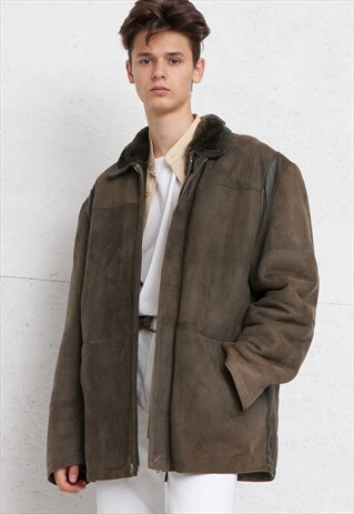 VINTAGE GREEN SUEDE SHEARLING COAT