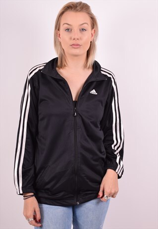 ADIDAS WOMENS VINTAGE TRACKSUIT TOP JACKET LARGE BLACK 90S