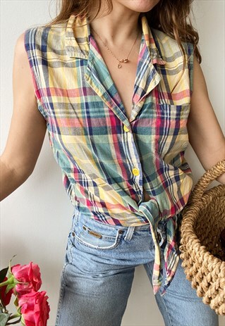 VINTAGE 90S PRAIRIE WESTERN MILKMAID CHECKED BLOUSE CROP TOP