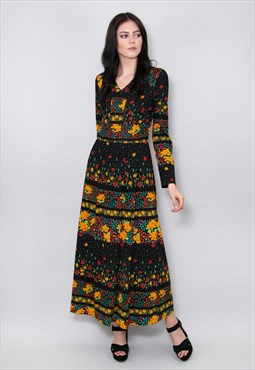 70's Vintage Dress Ladies Long Sleeve Black Floral Midi