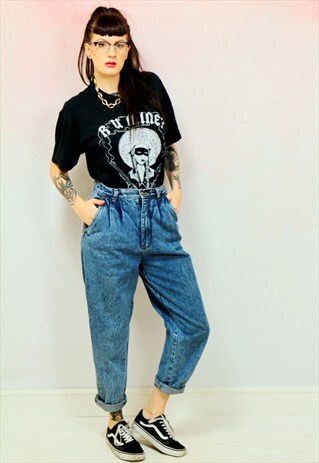 1990S VINTAGE HIGH WAIST DARK BLUE LOOSE FIT MOM JEANS