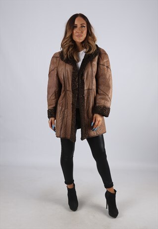 VINTAGE SHEEPSKIN LEATHER SHEARLING COAT SHORT UK 16 (LJ2R)