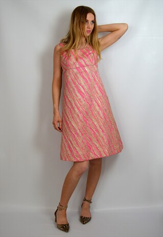 VINTAGE 1970S PINK AND GOLD PARTY COCKTAIL MINI DRESS