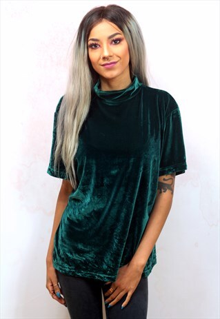 1990S VINTAGE EMERALD GREEN VELVETEEN TURTLE NECK TOP