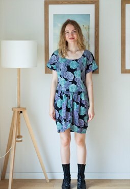 Green and purple floral round collar dress