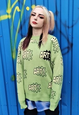 Art slogan knitwear sweater cartoon knitted jumper in green