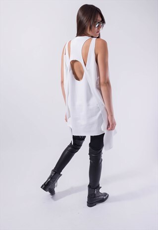 WHITE MAXI TUNIC LONG TOP ASYMMETRICAL DRESS CASUAL F1840