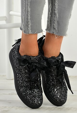 BLACK GLITTER SPARKLE FRINGE LACE UP TRAINERS SHOES