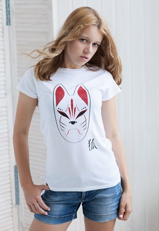 JAPANESE FOX MASK T SHIRT KITSUNE KAWAII JAPAN TEE WOMEN