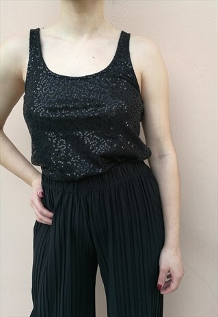 VINTAGE 90S METALLIC BLACK DISCO SEQUIN TANK TOP