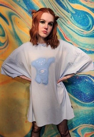 TEDDY BEAR TEE TIE-DYE ANIMAL GRAFFITI T-SHIRT PASTEL BLUE