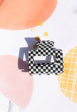 Black White Checkerboard Print Rectangle Claw Hair Clip