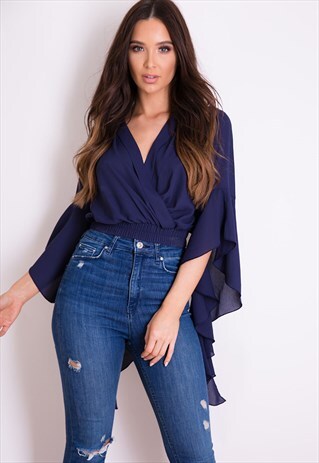 EVERLY CROSSOVER DRAPED SLEEVE TOP NAVY